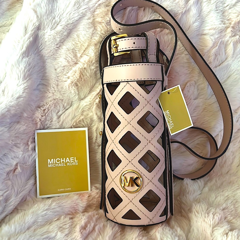 MK Michael Kors Water Bottle Holder Carrier Powder Blush Pink Leather Crossbody